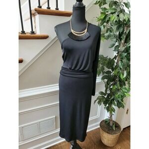 Revamped Women's Solid Black Polyester One Off Shoulder Knee Length Dress